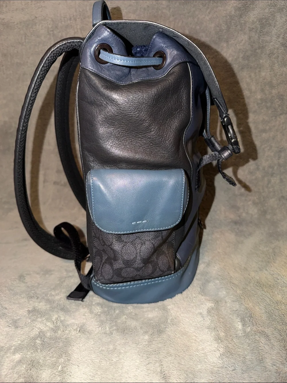 Coach Men’s Blue Leather & Signature Canvas Flap Backpack